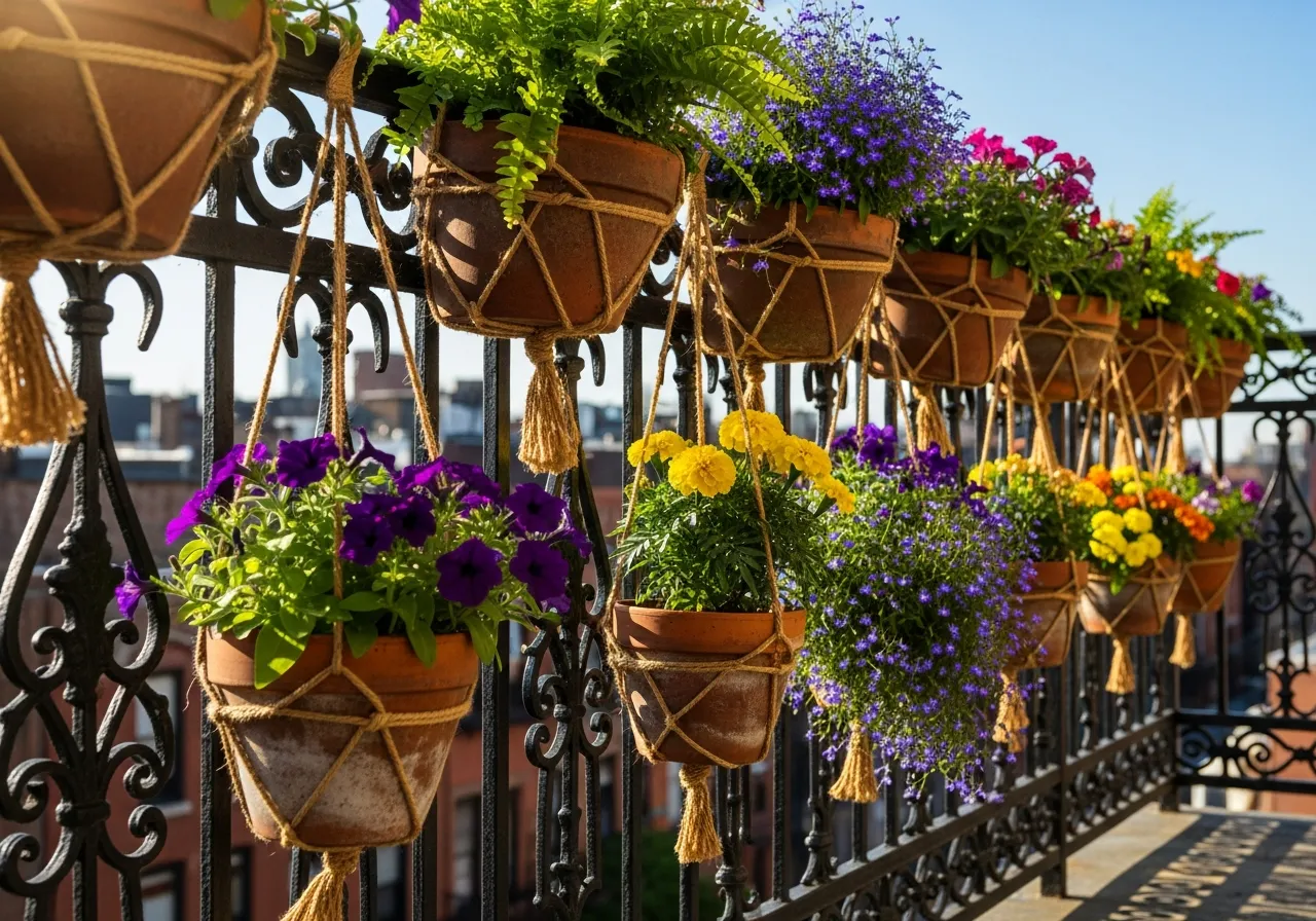 Balcony railing with hanging planters featuring native plants